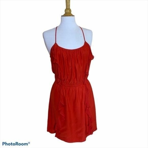 PARKER Red Silk Ruffled Racer Back Mini Dress - Medium - Picture 5 of 11